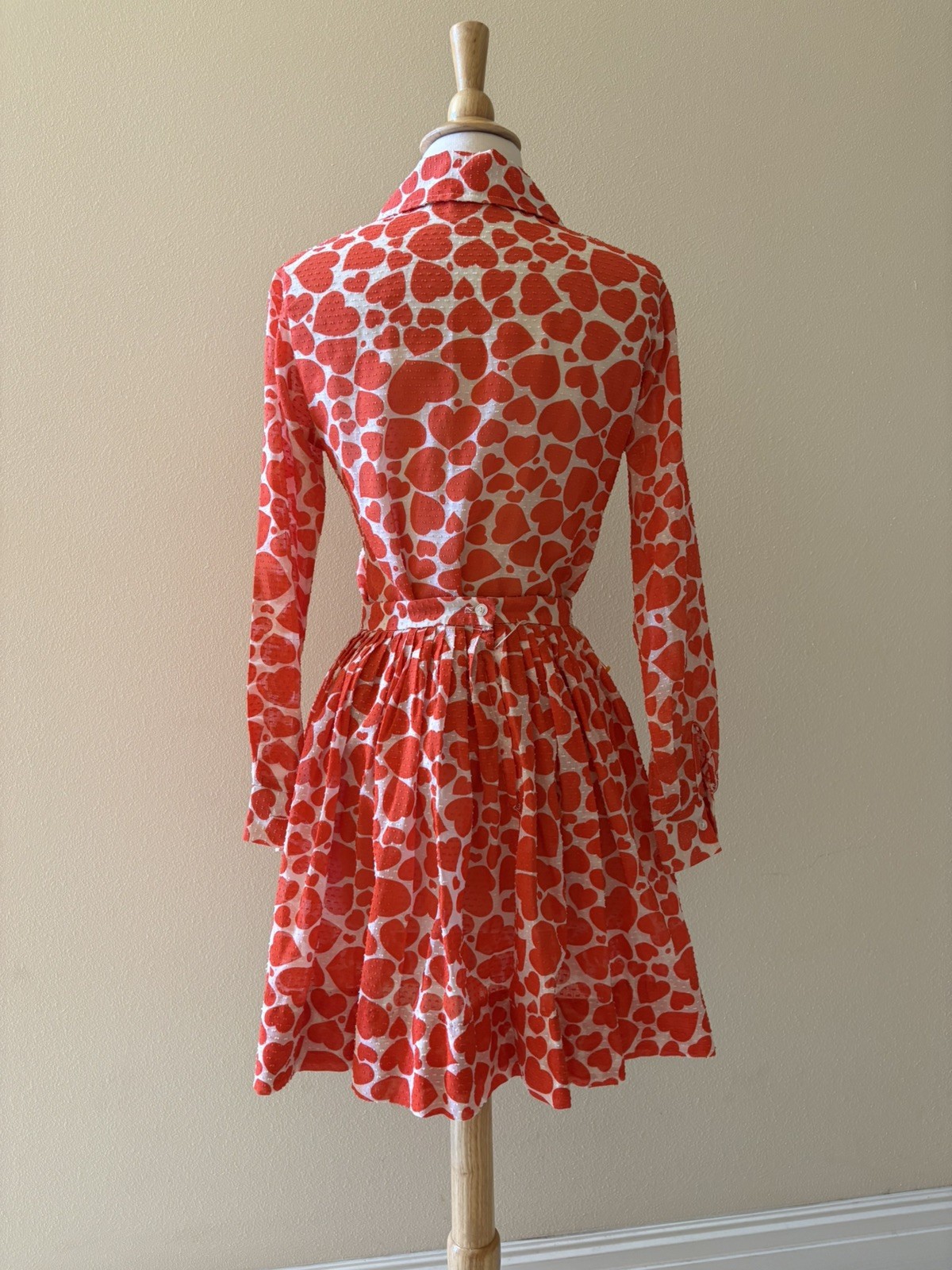 Vintage 60s 70s Ruffle Red Heart Long Sleeve Shirt Mini Skirt Dot Set small