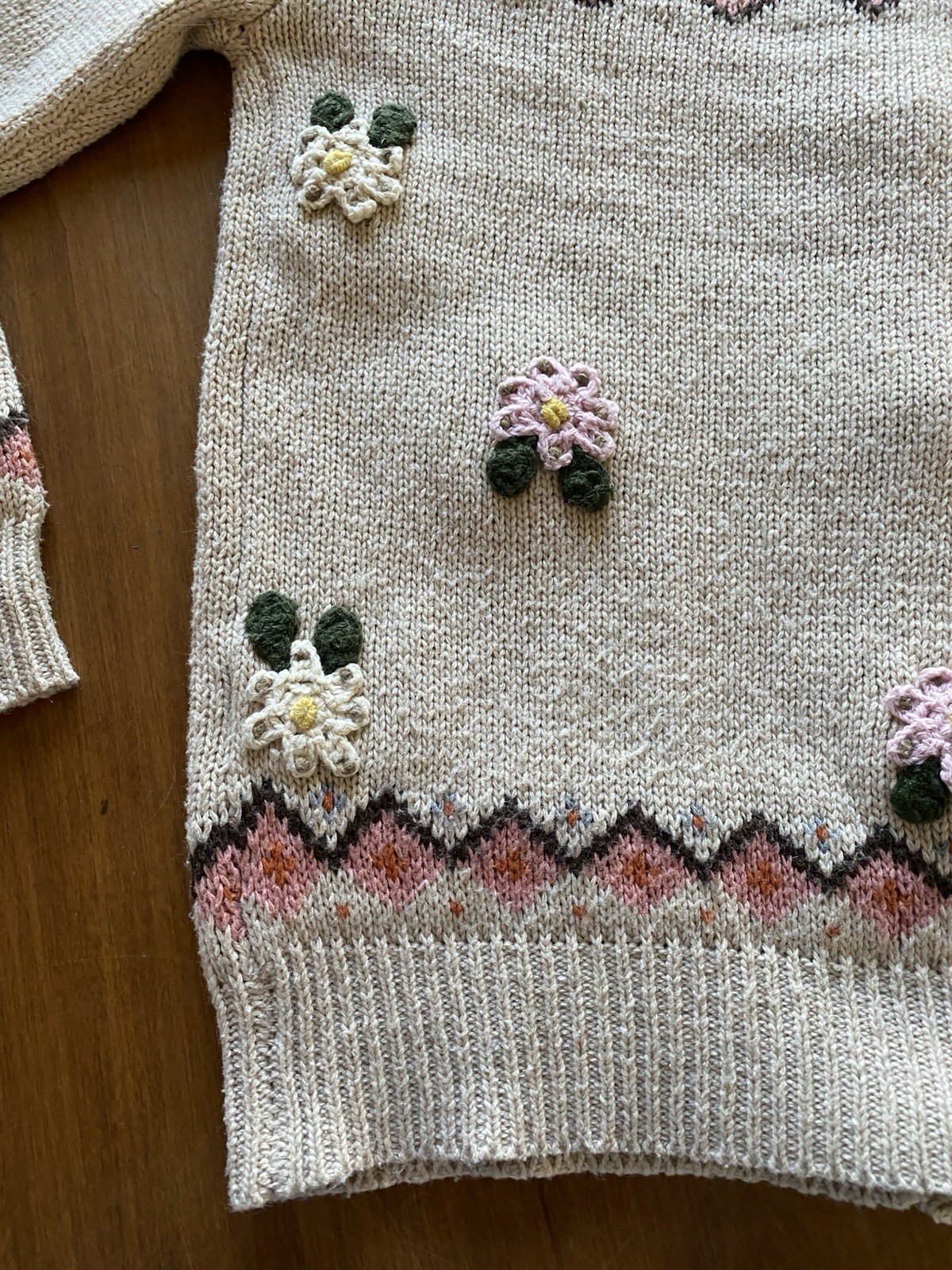 Cardigan Sweater Vintage Knitted Floral Off White Cream Color