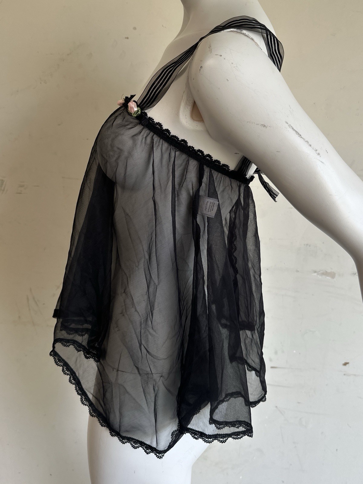 Vintage Black Babydoll Lingerie Top With Rosettes One Size 80s 90s Y2K