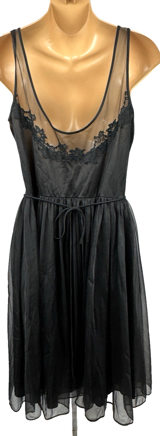 Vintage Shadowline Nylon Nightgown Black Size 34 Lace Empire Waist Tie Back
