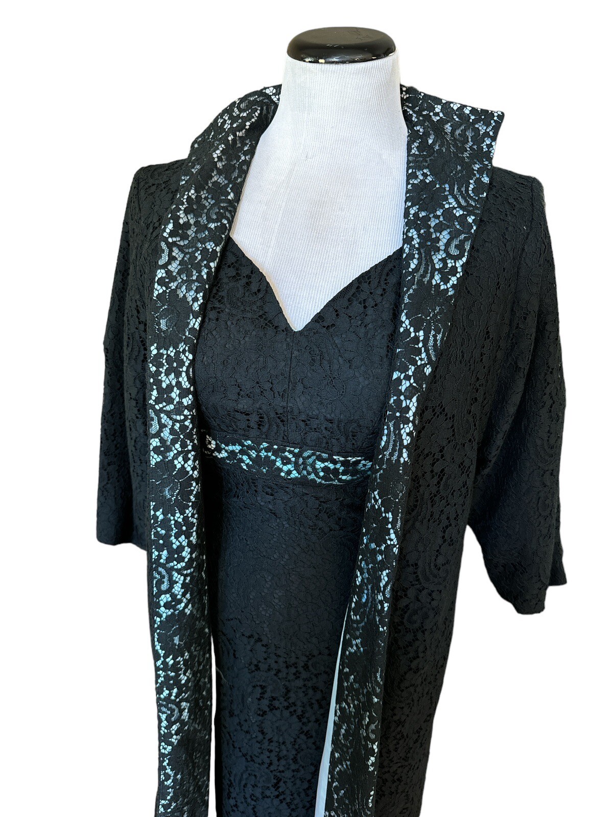Vtg 50/60’s Two Piece Black Robins Egg Blue Lace Dress Long Coat Sz 4/6 (?) 28”