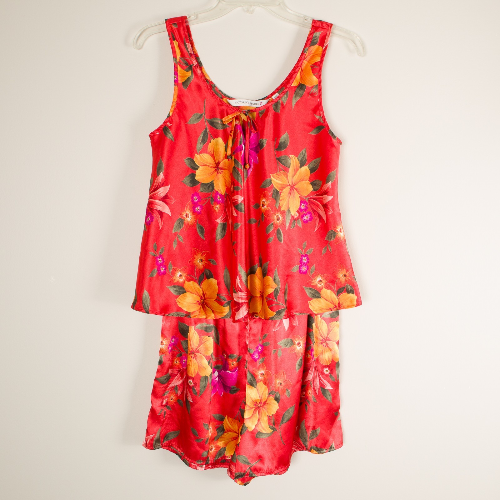 💖 VICTORIA’S SECRET 2 PC Satin Sleepwear PJs Floral Orange Cami Shorts Tank S