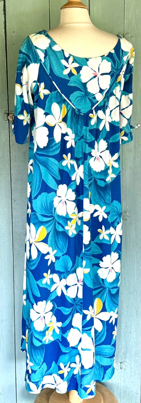 VTG 60’s Reef Hawaii Cotton Barkcloth Muumuu Dress V-Yoke Bow Slv Luau Tiki S/M