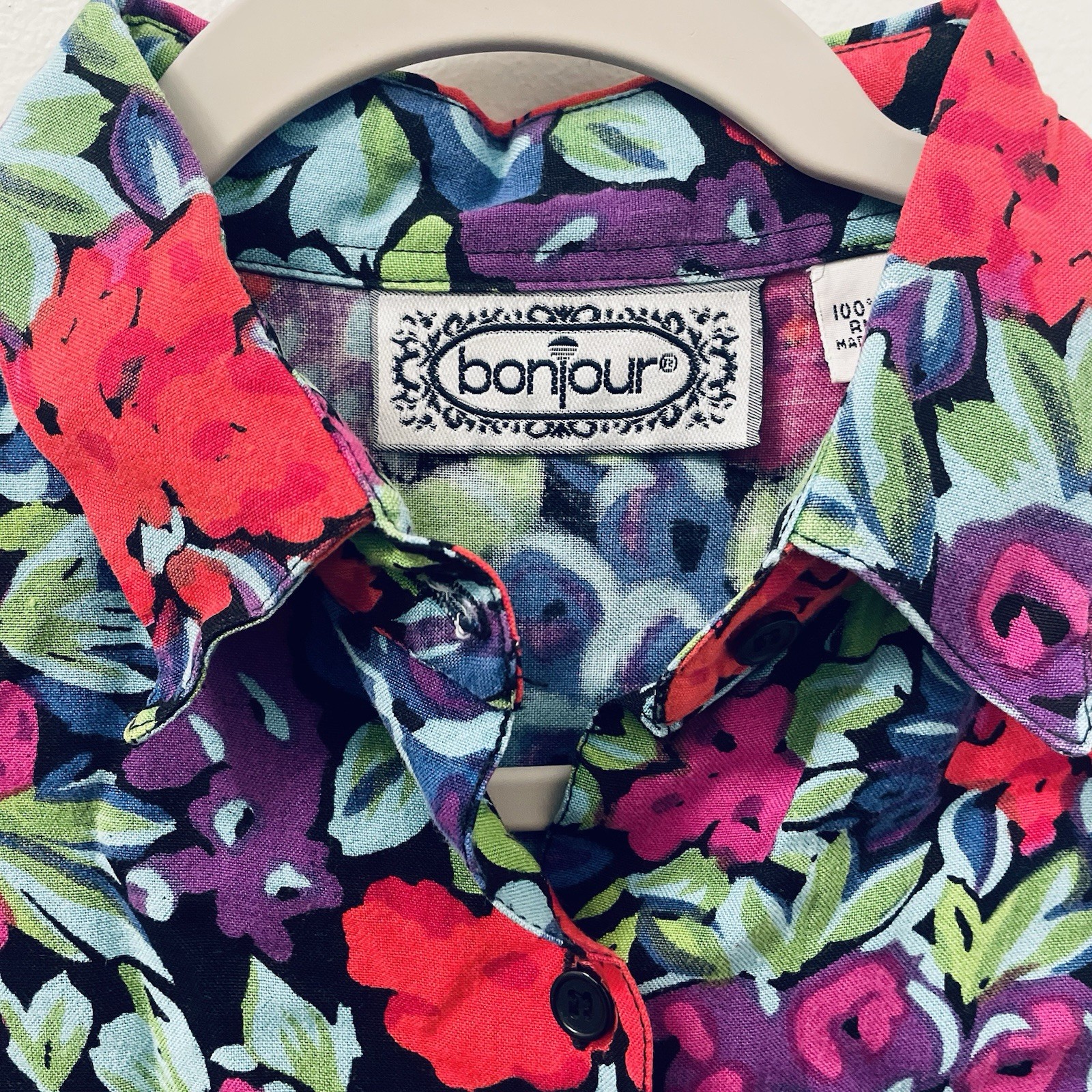 Bonjour Women’s Maximalist Short Sleeve Button Down Floral Colorful Casual Shirt
