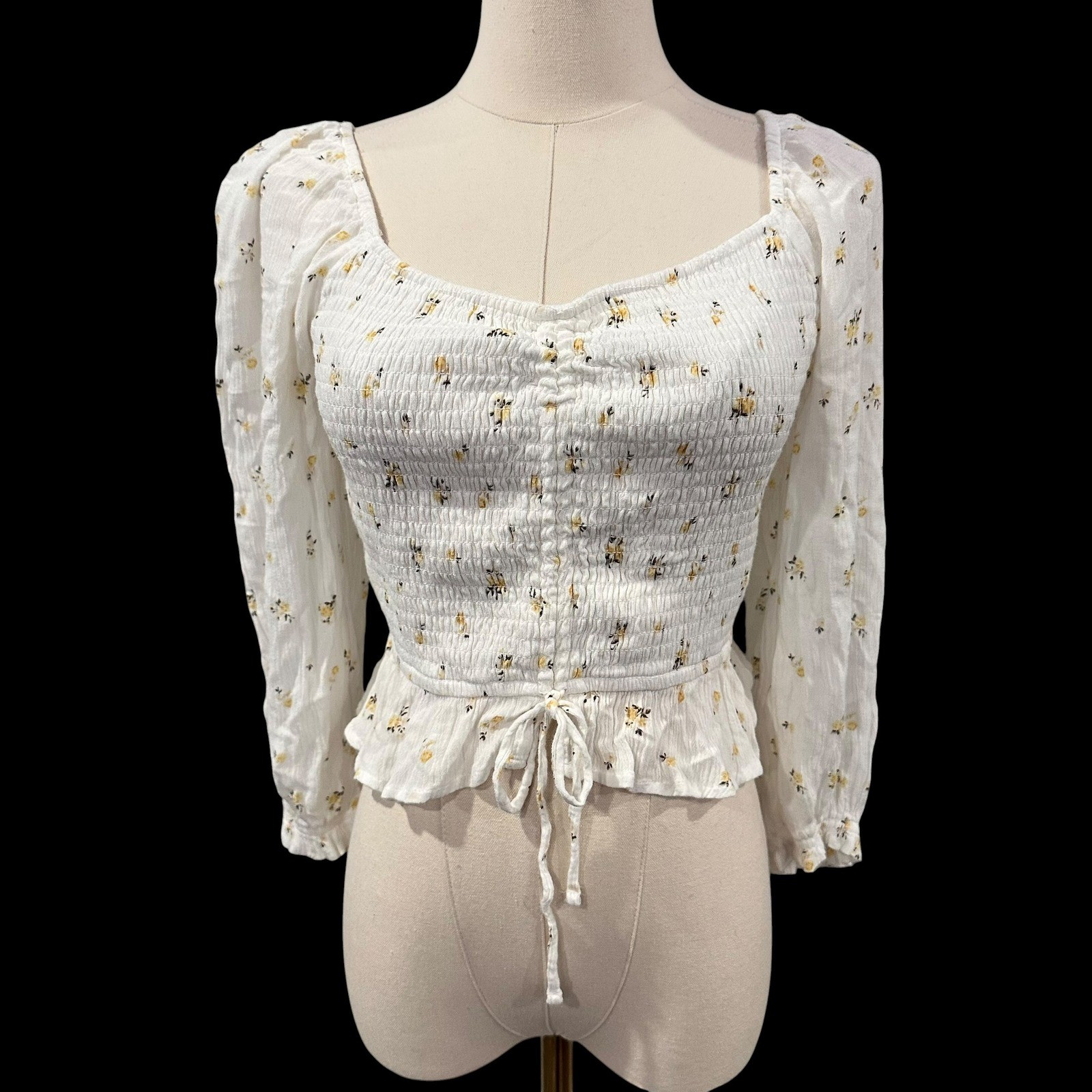 Hollister Smocked Milkmaid Top Yellow Floral Tie Front Puff Sleeve Boho Romantic