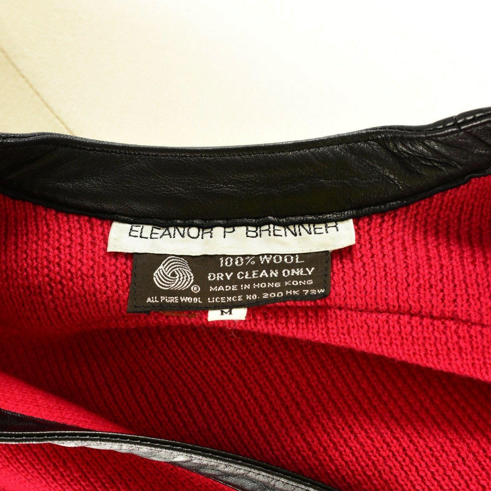80s Vintage Red Wool Leather Trim Long Cardigan Jacket Eleanor Brenner Womens M