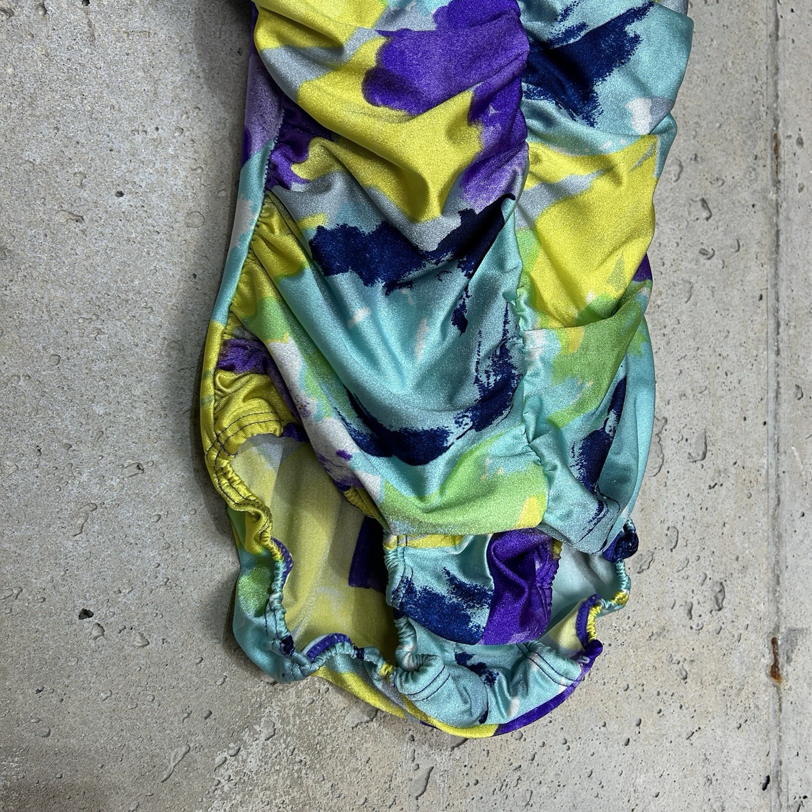 Vintage 90s Esther Williams one piece blue purple yellow abstract ruched 10/med
