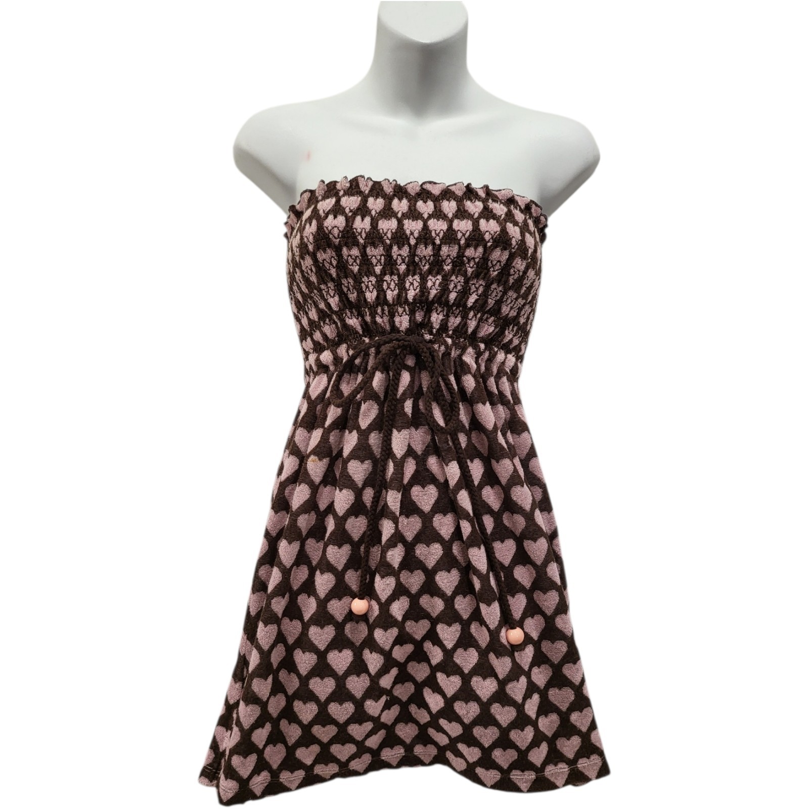Y2K JUICY COUTURE Brown Terry Cloth Pink Hearts Tie Waist Strapless Mini Dress M