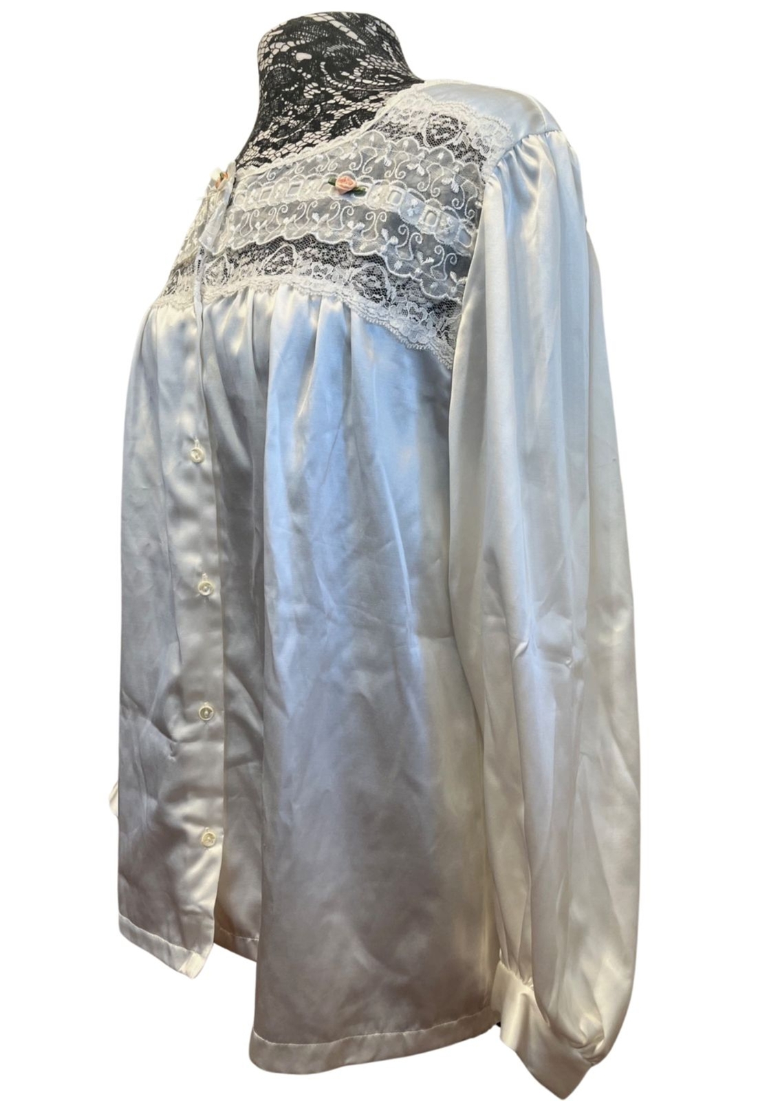 Vintage 80s Pajama Shirt Blouse Satin Long Sleeve White Lace Rose Ribbon Bow S