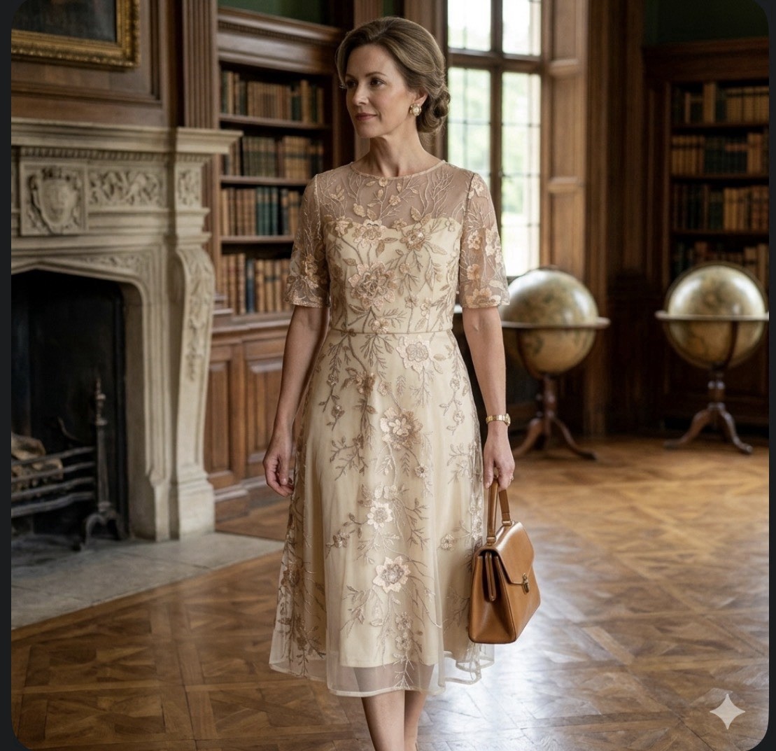 JS Collections Floral Embroidered Illusion Midi Dress Beige Gold Size 10 Wedding