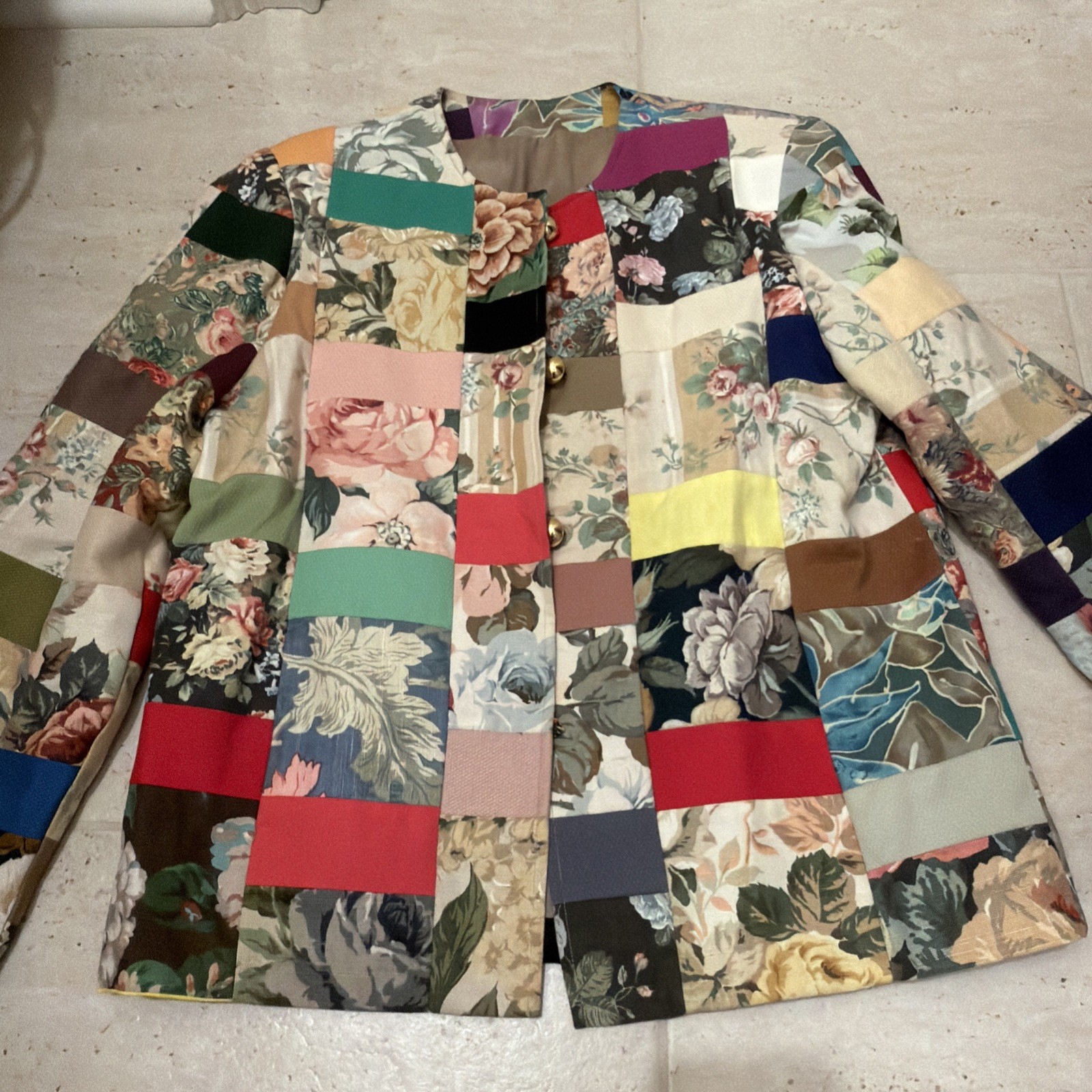 Woman’s Patches Tapestry Blazer Jacket Size 14 Petite Handmade VTG Lined Read:
