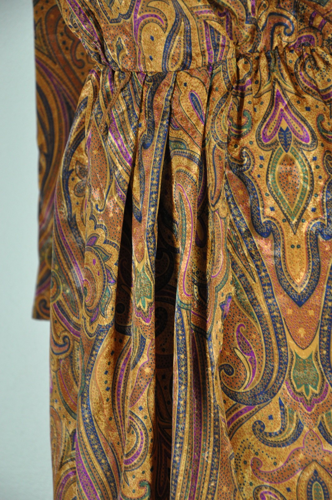 80s Vintage Spice Brown Silky Charmeuse Paisley Strong Shoulder Dress Women S M