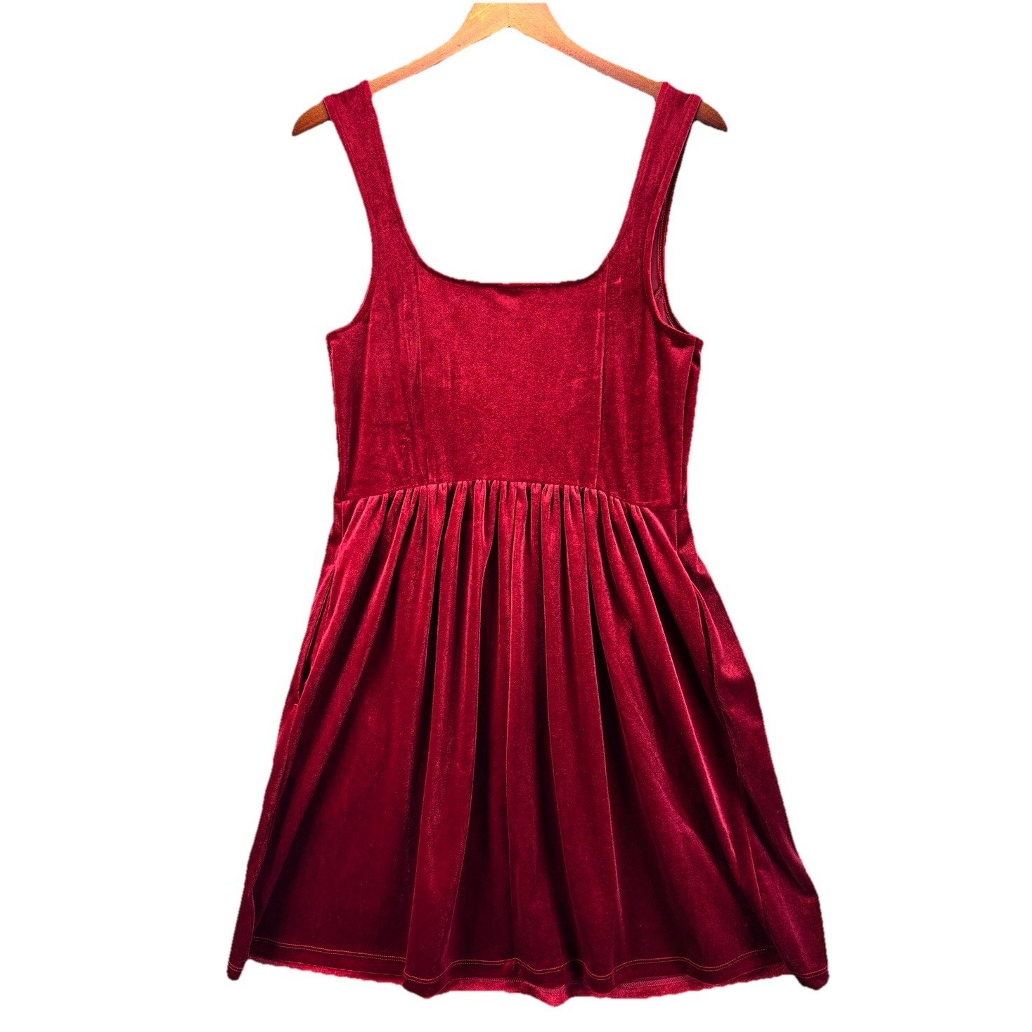 Old Navy Red Velvet Dress L Square Neck Fit Flare Sleeveless Skater Pockets