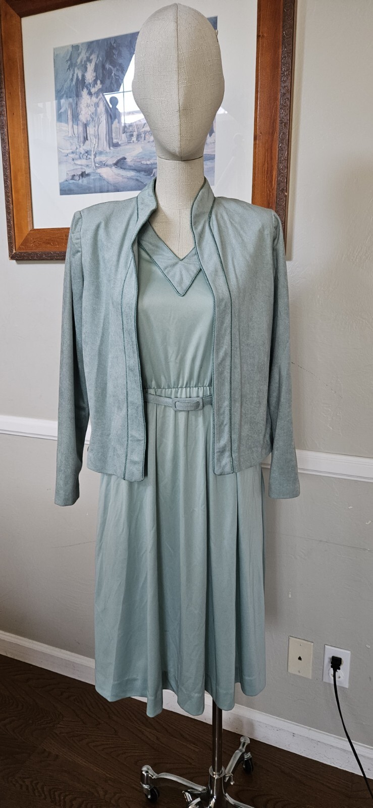 Vintage 1970s Sage Green Three Piece Dress With Belt And Jacket By The Wilroy…