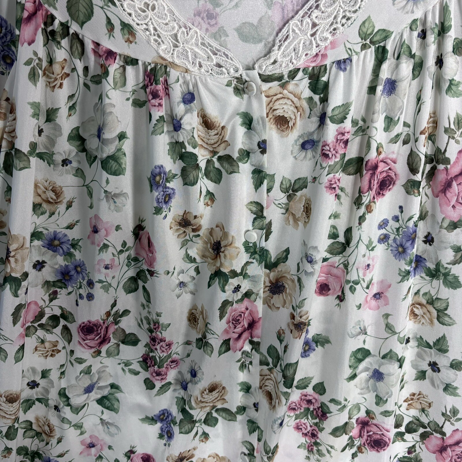 VTG Cottagecore Floral Maxi Nightgown Sz M Satin Lace Details S/S Pocket Button