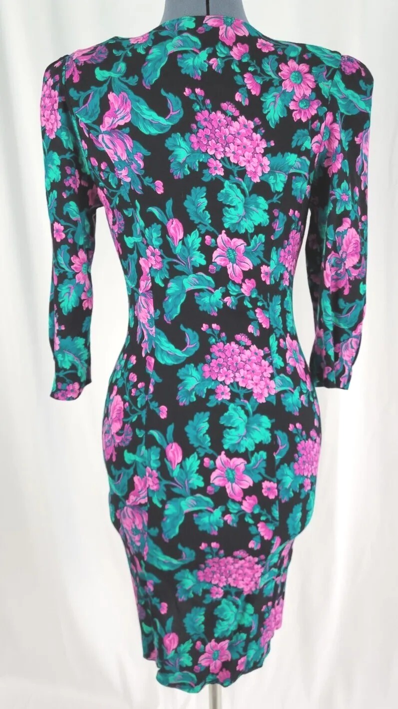 Vintage Black Fitted Dress w Purple & Green Florals & Button Down Front Sz 9/10
