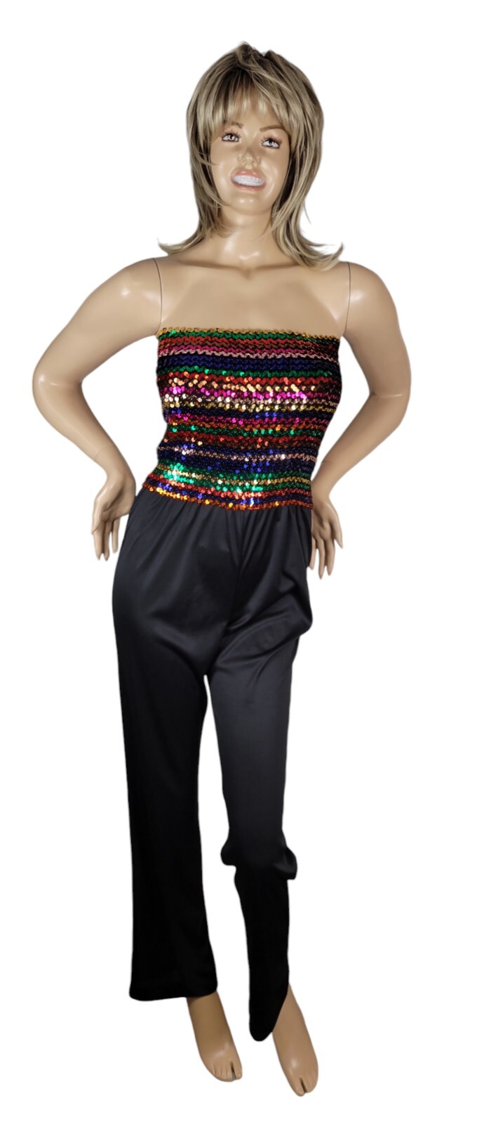 Vintage 70s JC Penney Fashions Rainbow Sequin Disco Halter Jumper Jumpsuit 13/14