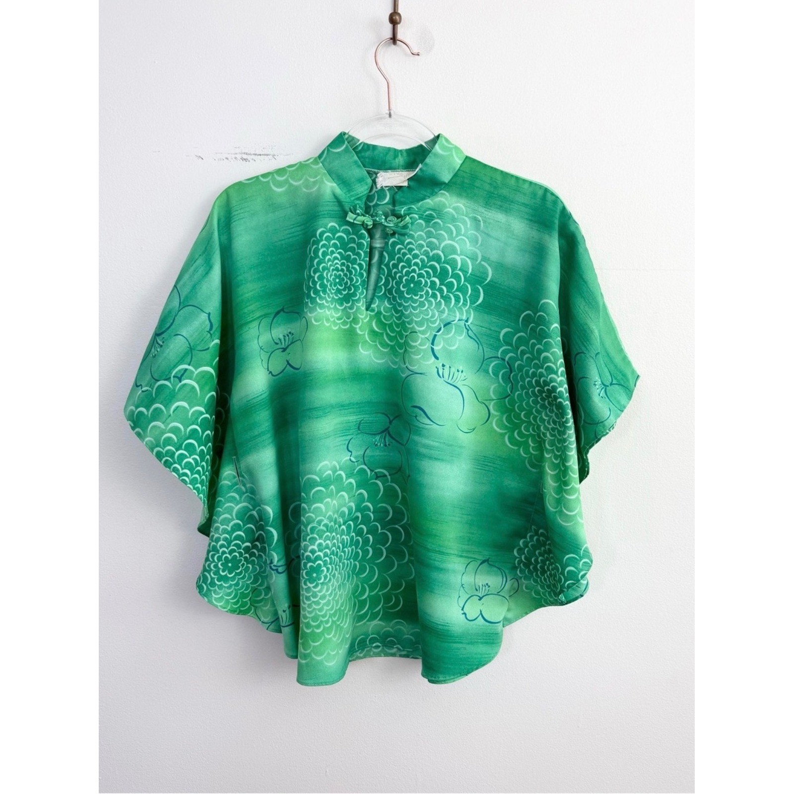 Vintage Hawaiian Palm Green Floral Kimono Sleeve Dolman Blouse S/M
