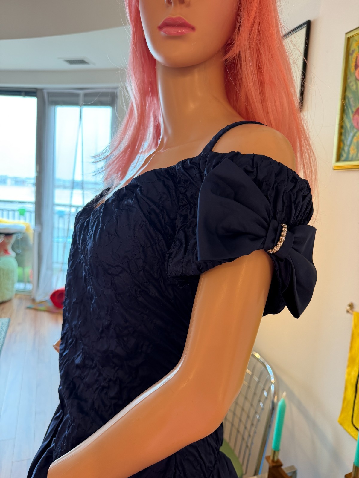 Vtg 80s Sapphire Blue Off Shoulder Prom Dress Crinoline Rhinestone Bow M L