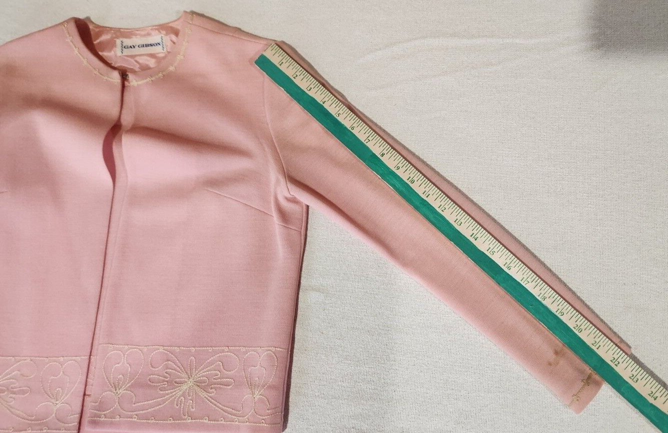 Gay Gibson VTG 1960s Pink 3 Piece Suit Womens Floral Embroidered Mid Century Mod