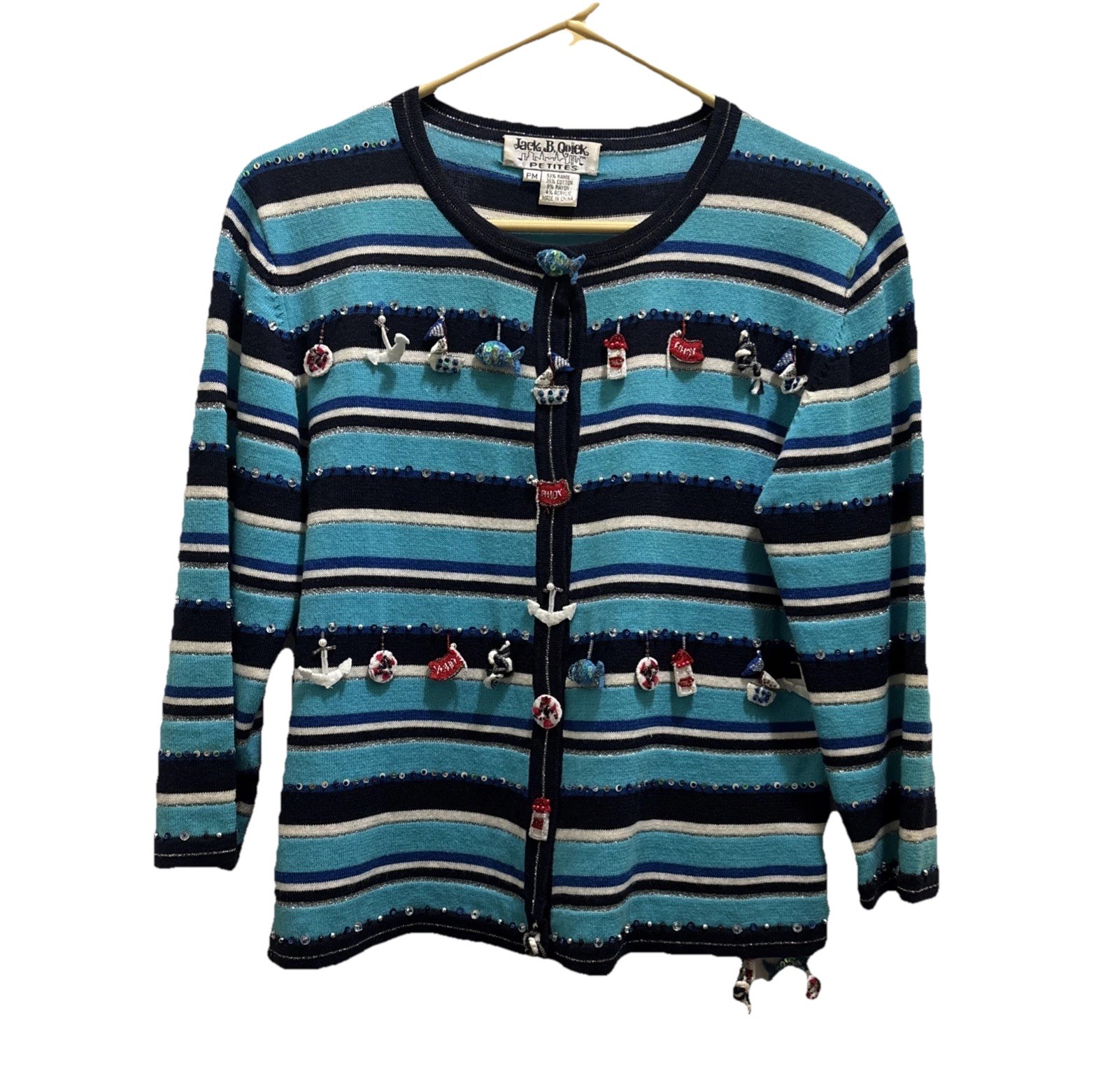 VTG Jack B Quick Cardigan Sweater Womens Petite Medium Turquoise Nautical Themed