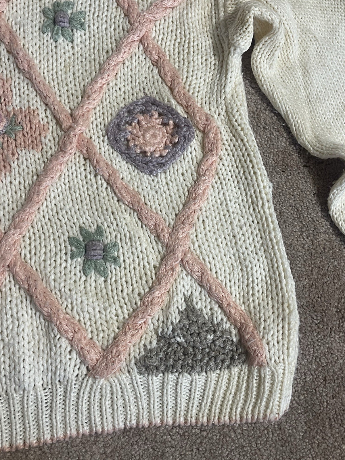 Vintage Huntington Ridge Sweater Womens L Cream Peach Flowers Granny Cottage Fai