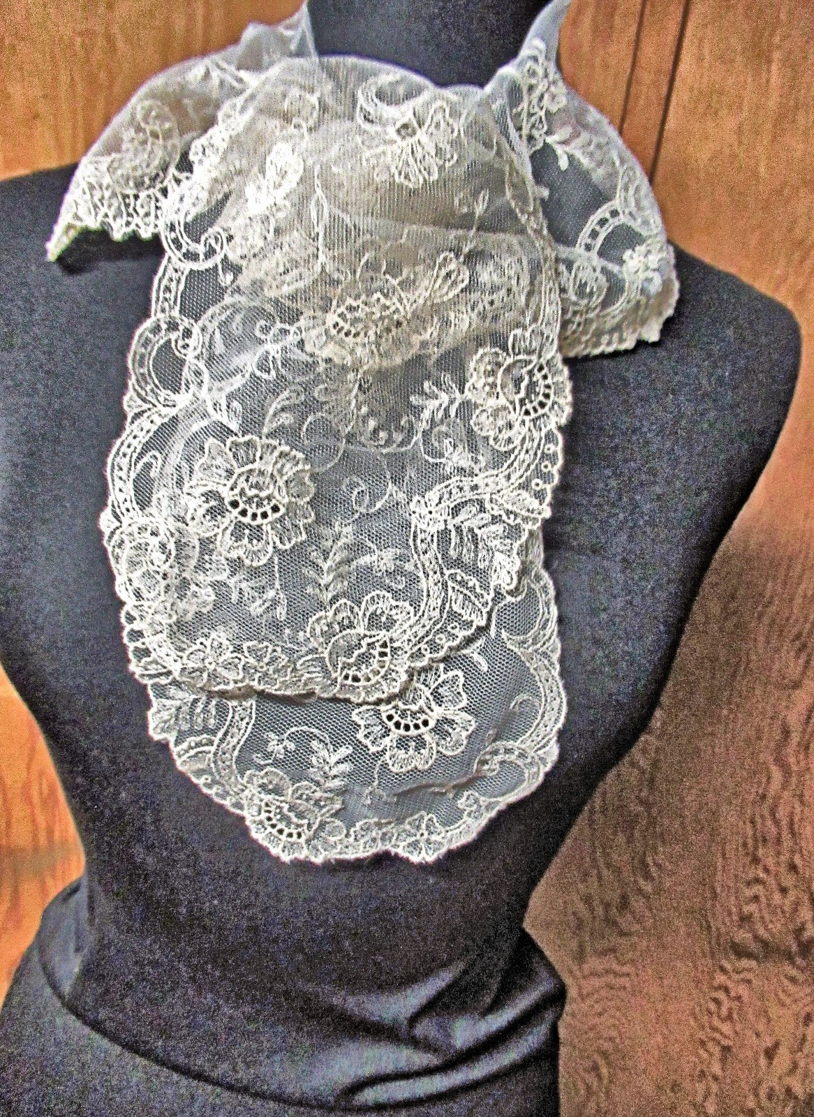Vtg Lady’s Collar Lappet Scarf Limerick Lace Floral Embroidered Net