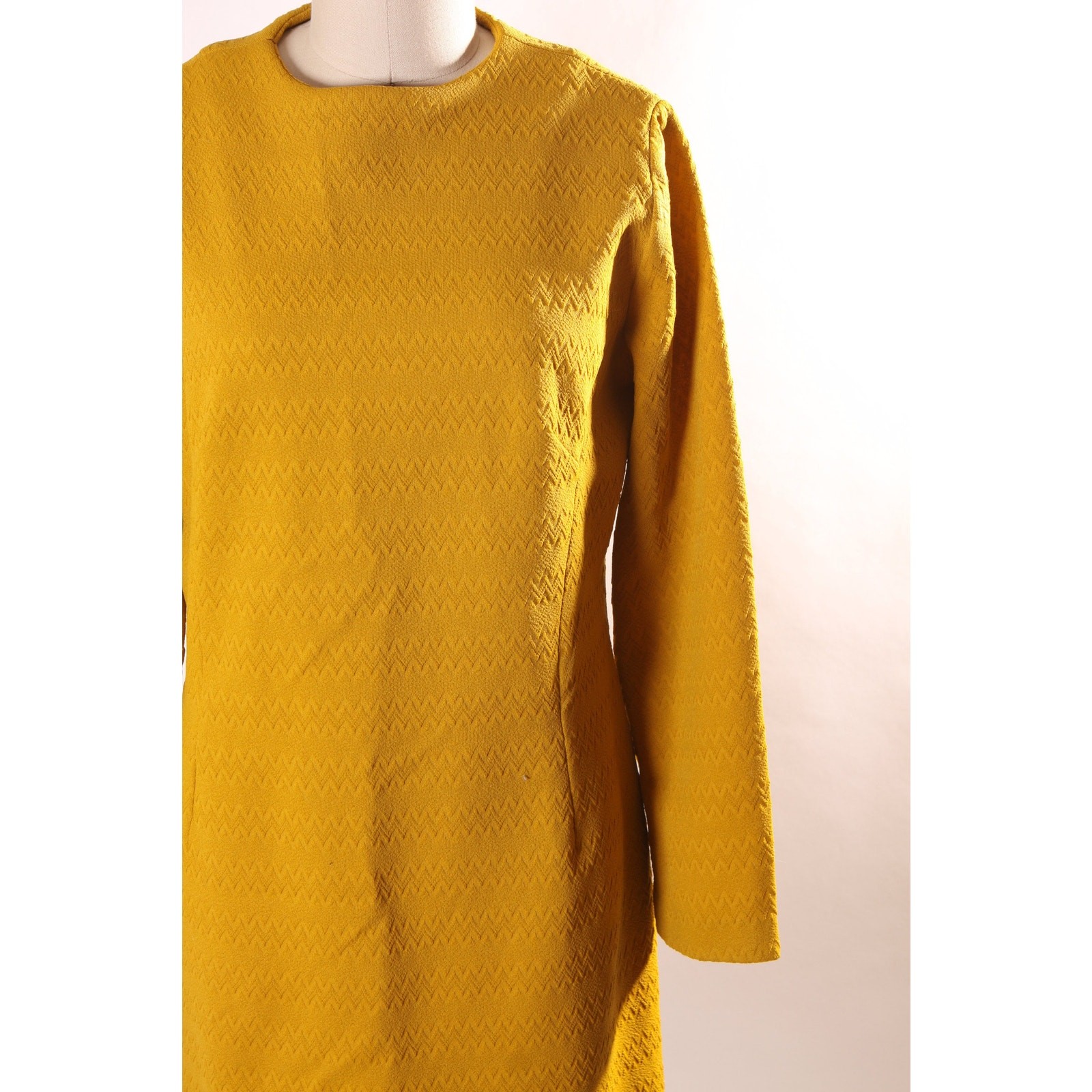 1960s Golden Yellow 3/4 Length Sleeve Polyester Shift Dress