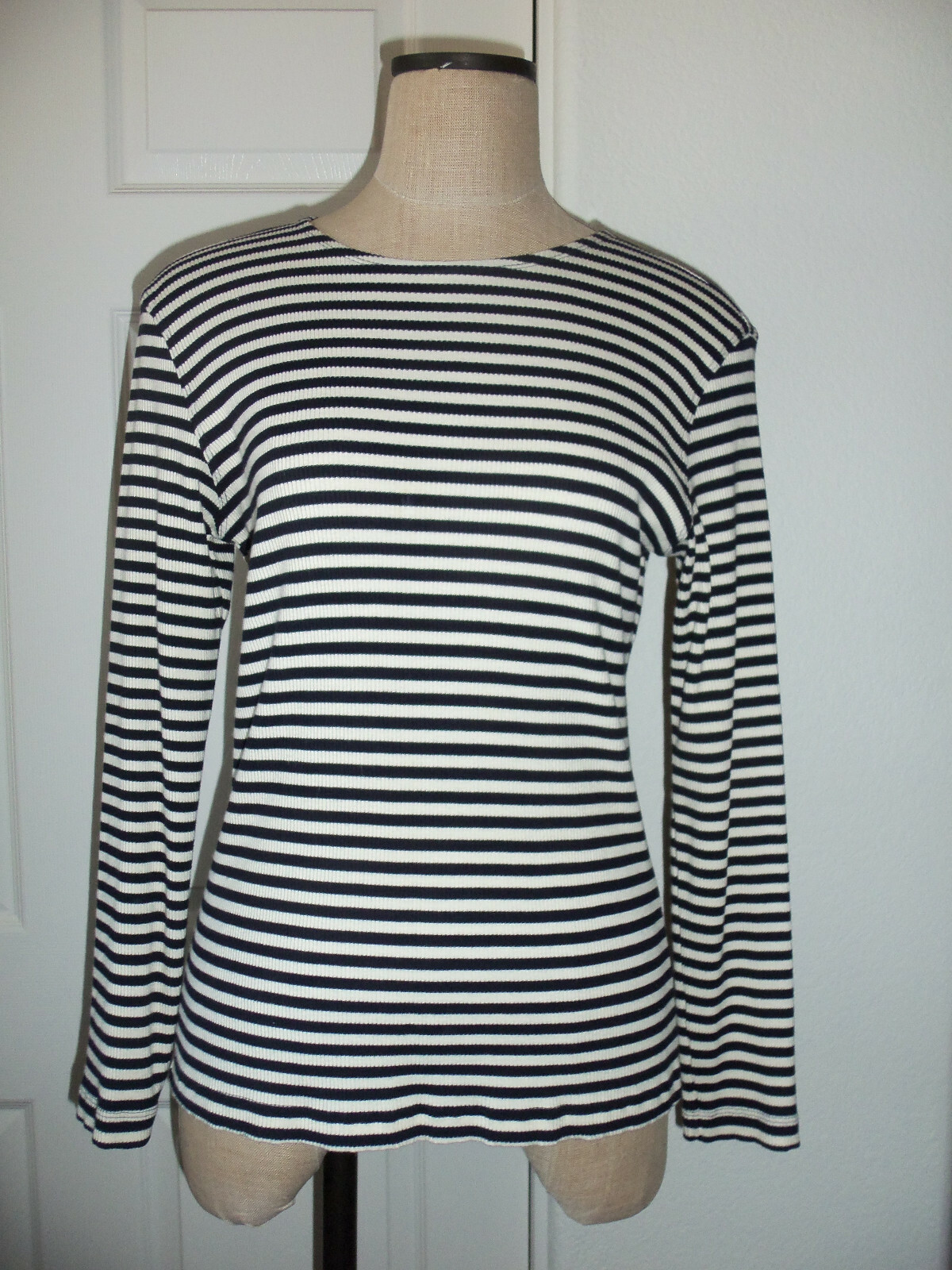 Vintage Banana Republic Navy Blue Cream Cotton Ribbed Knit Long Sleeve T-Shirt M