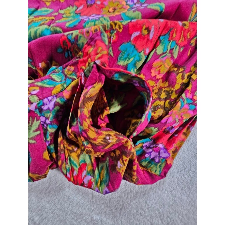 Segue Vintage Magenta Floral Pleated Rayon Midi Skirt Pockets Womens 14