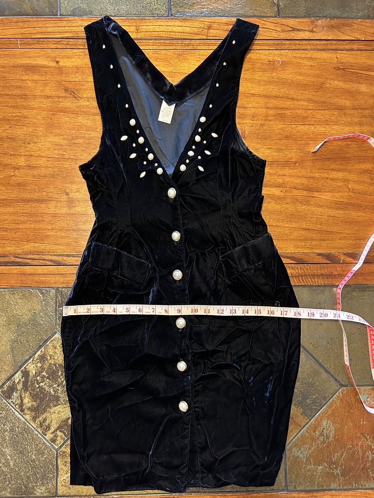 Vintage 1980s/90s XTRMZ Black Crushed Velvet Faux Pearl Buttons Sexy Dress 5/6