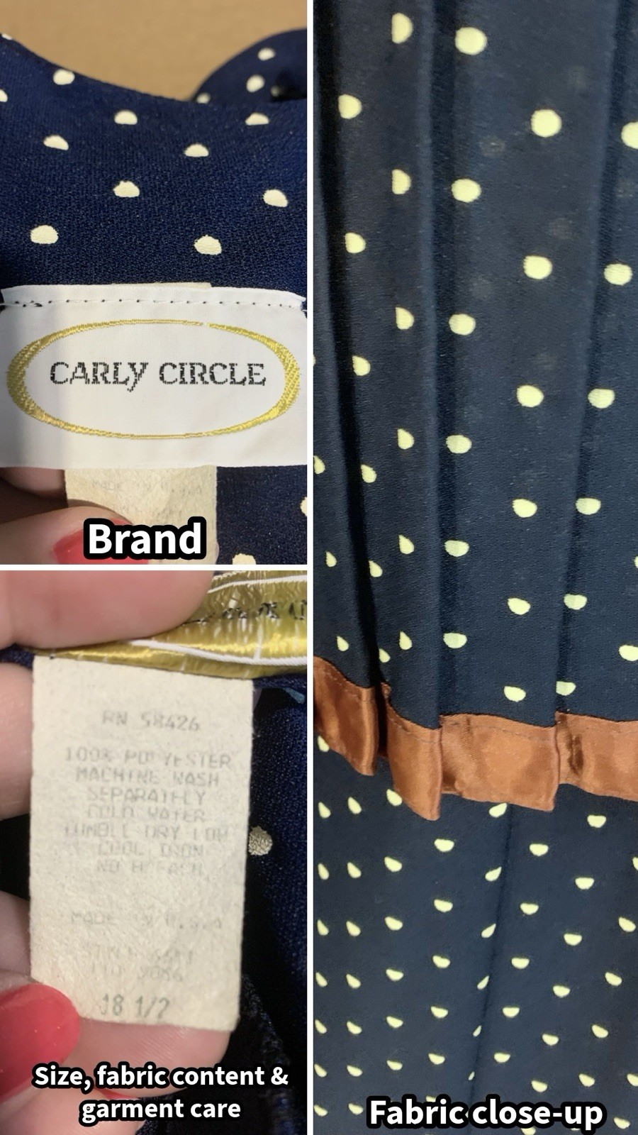 VINTAGE CIRCA 1980’S CARLY CIRCLE BLUE & CREAM POLKADOT PEPLUM DRESS SZ 18