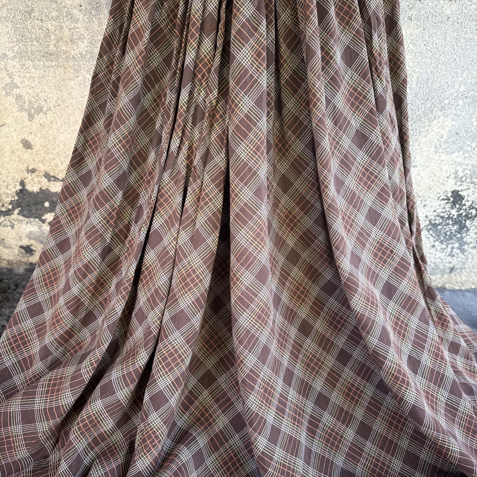 Vintage 1930s Brown Green & Orange Plaid Linen Dress Maxi Bell Sleeves Wooden