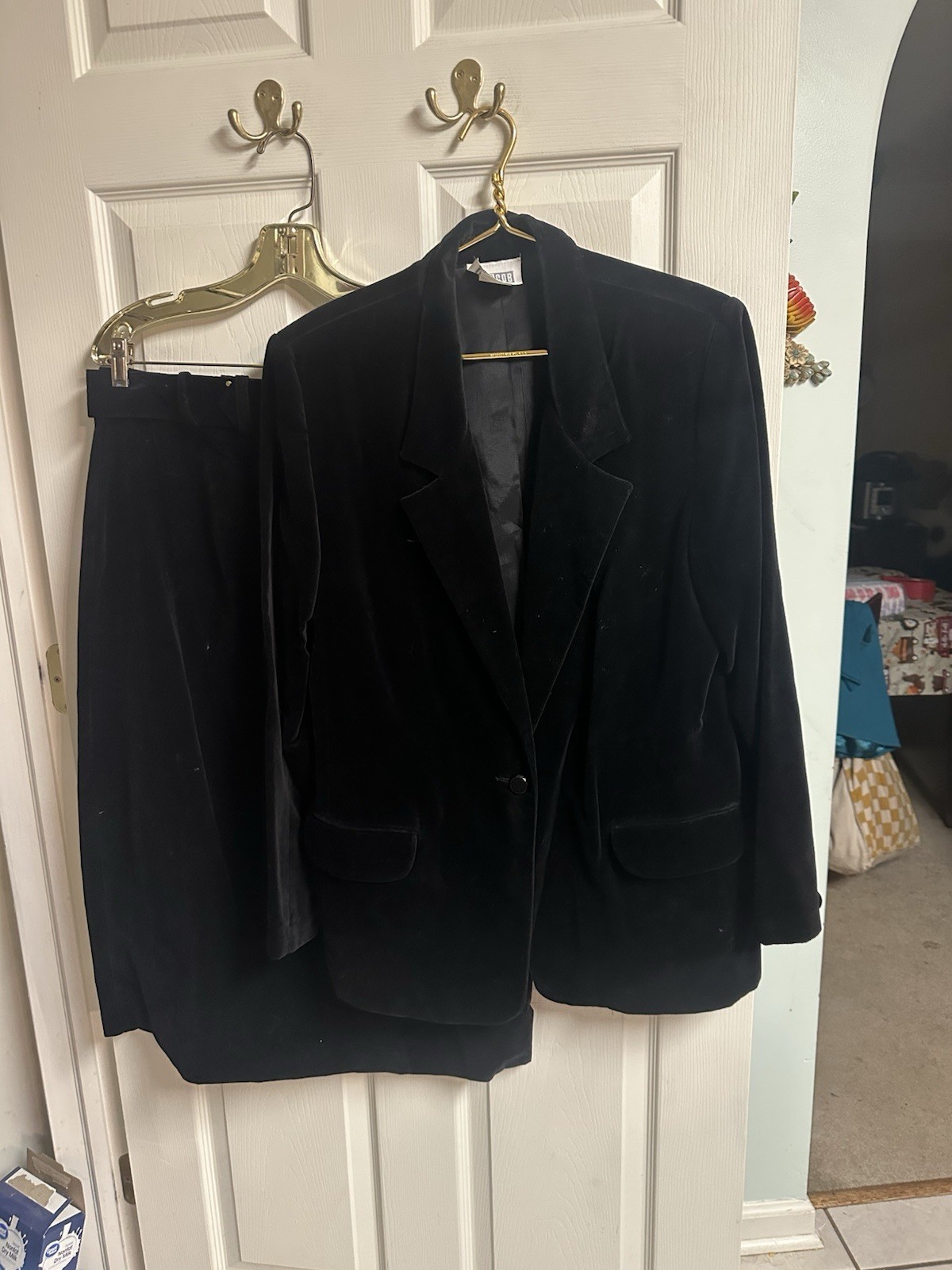 90s Skirt Suit Jacket 2pc Set Black Cotton Velvet Faux Suede Y2K XL 42 W 32×32