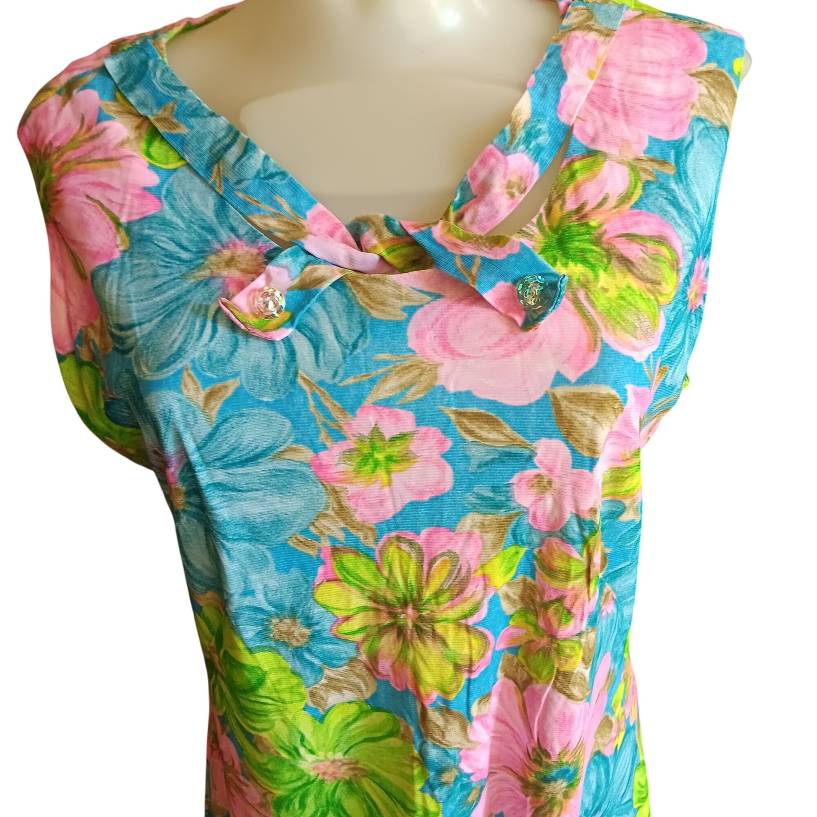 sz 10 True Vintage Dress 1960’s Handmade Floral Sleeveless Bow Summer Church Mom