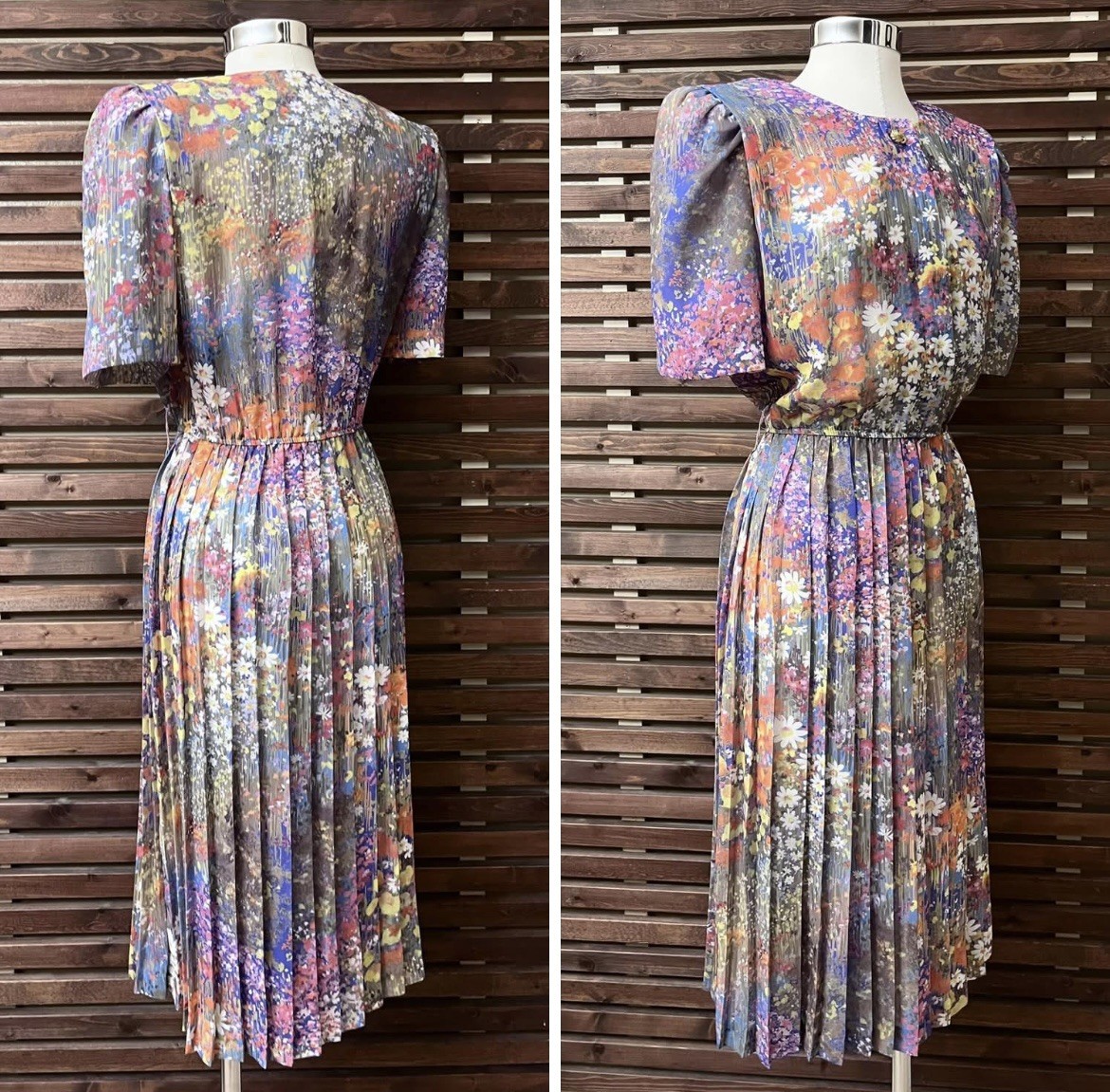 1980s Vintage Purple Orange Green White Floral Short Sleeve Pleated Midi Dress