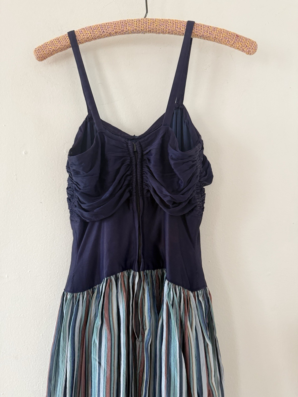 Vintage 40s Rayon Maxi Dress Ruched Bodice Colorful Striped Full Sweep Skirt XXS