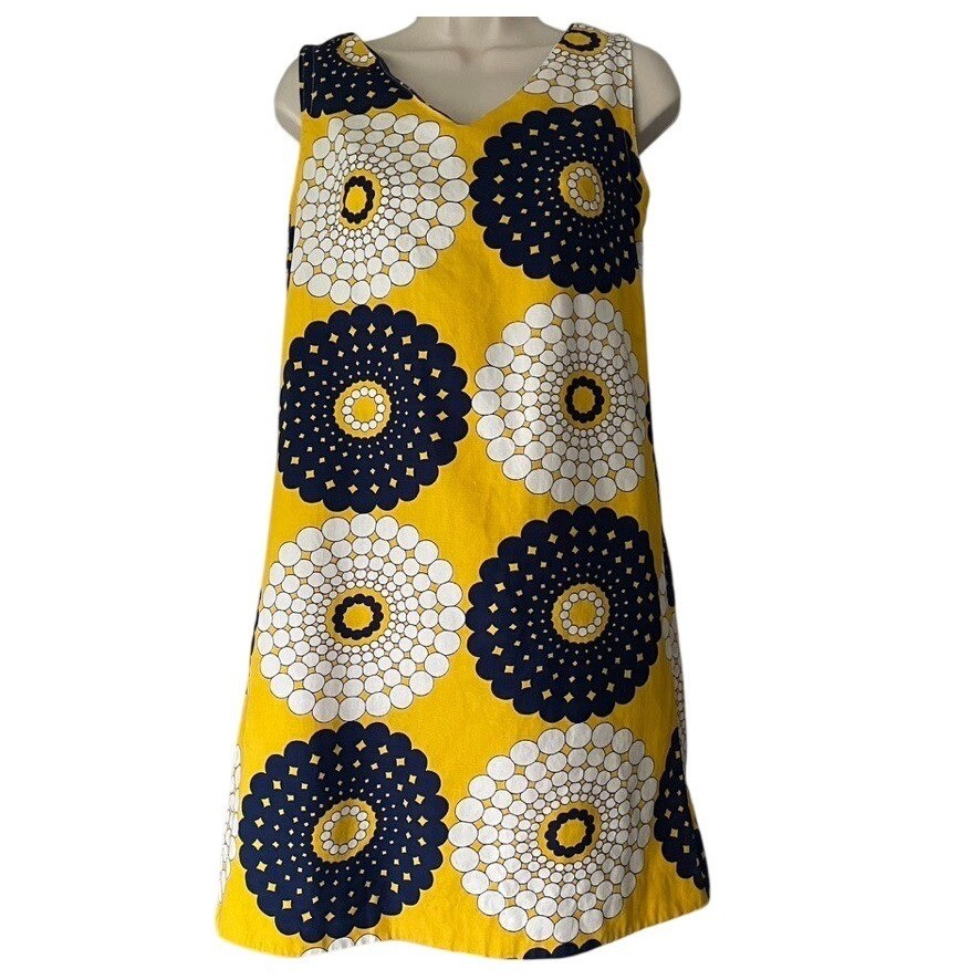 Vtg 1960s Mod Shift Dress Sweetbriar Cotton Yellow Mid Century Op Art Floral S M