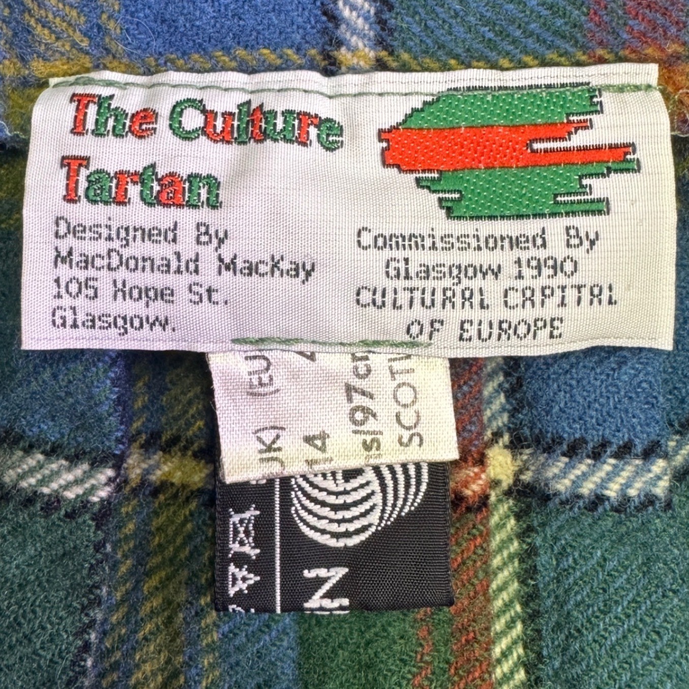 Vintage The Culture Tartan Wool Kilt Skirt Glasgow 1990 Plaid Green Blue Size 25