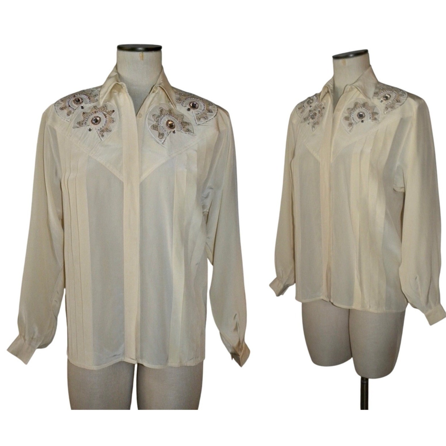 Vintage 80s Ivory Silk Tuxedo Blouse Beaded Rhinestone Appliqué Hidden Placket