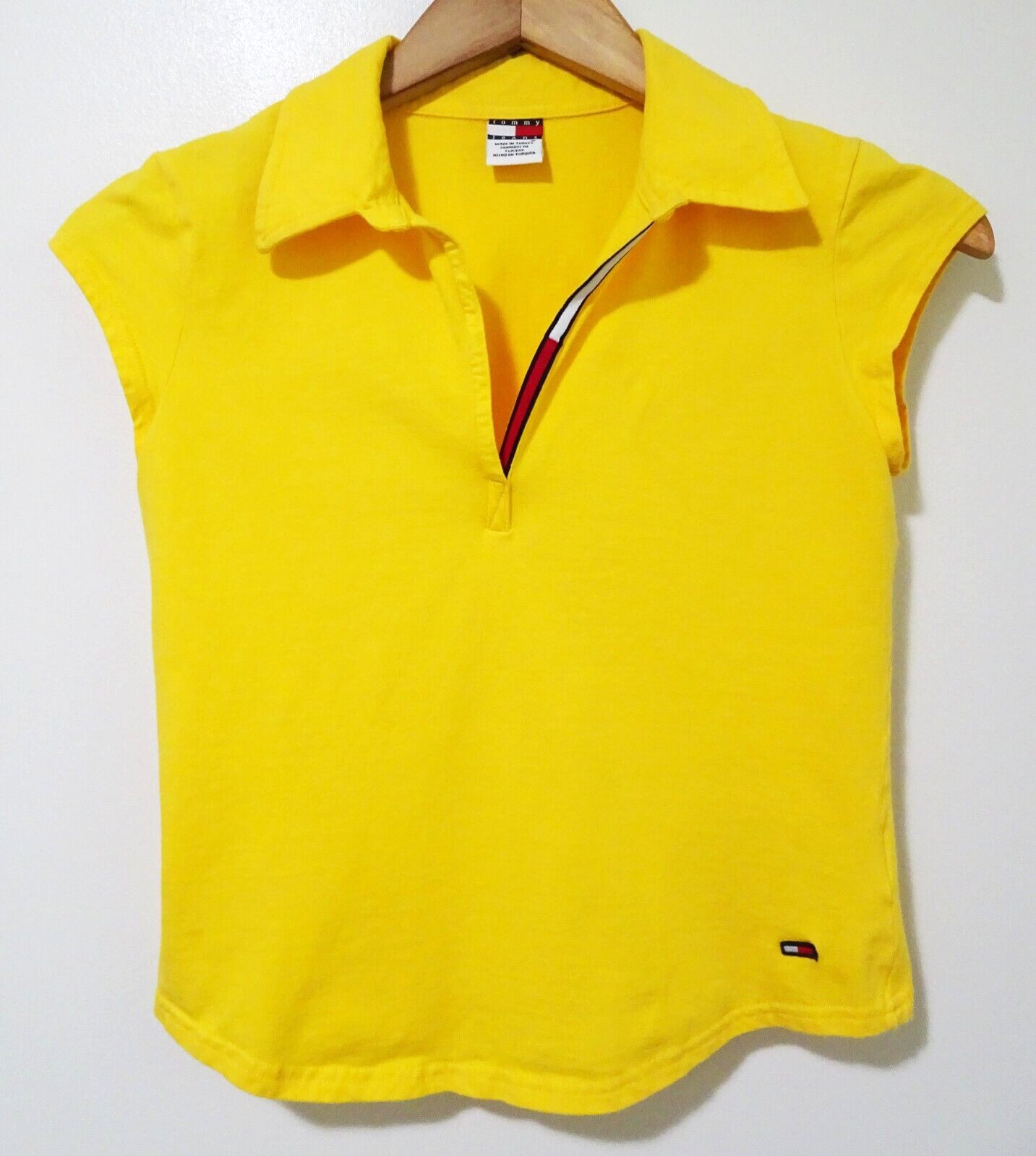 S/M Vtg 90s Y2K Tommy Girl Jeans Flag Collar Yellow Club Kid Euro Rave Shirt