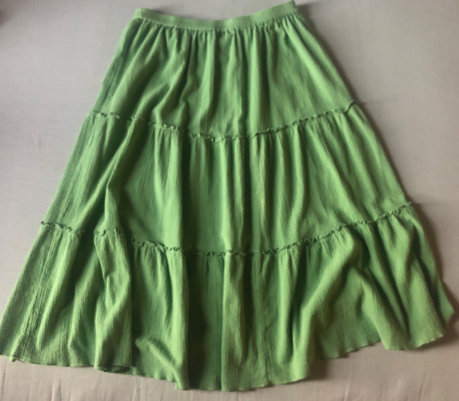 70s Vtg Two Twenty L Pull On Lime Green Cotton Tiered Skirt Boho Hippie Spring