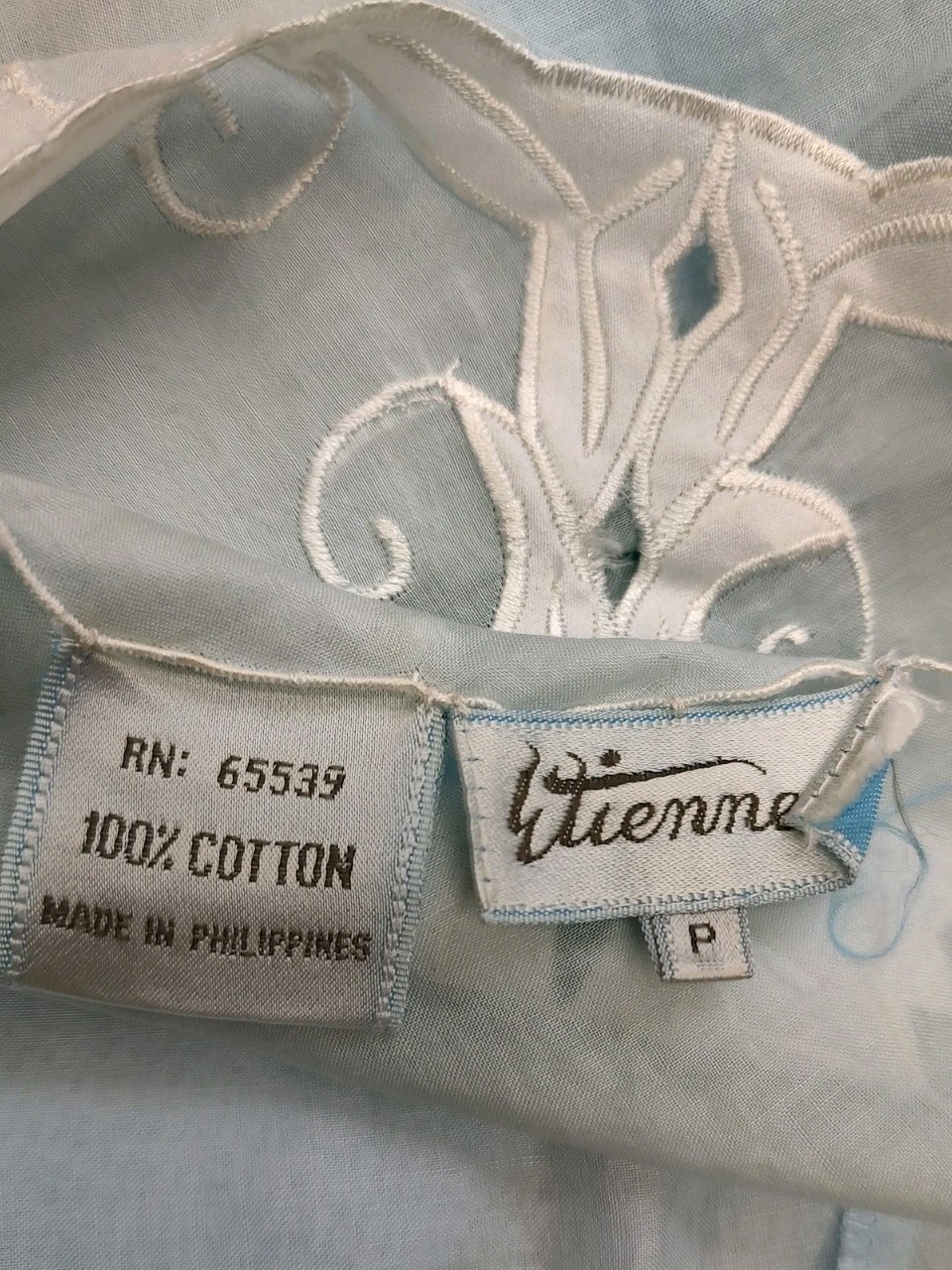 Vintage ETIENNE Slip Chemise Featherweight Blue Cotton Semi Sheer Embroidery P
