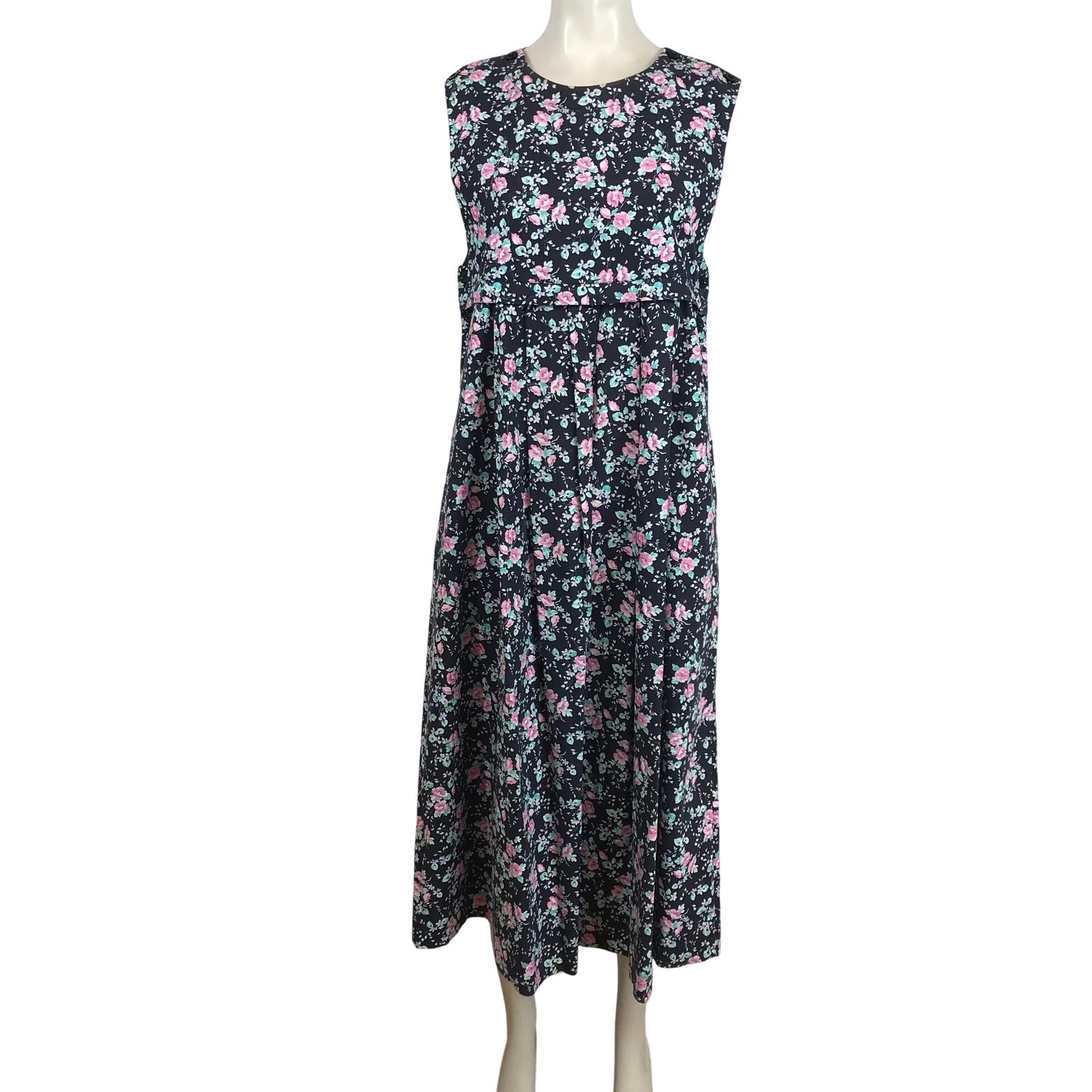 Laura Ashley Vintage Floral Cotton Maxi Dress Made in Great Britain Navy Pink 10