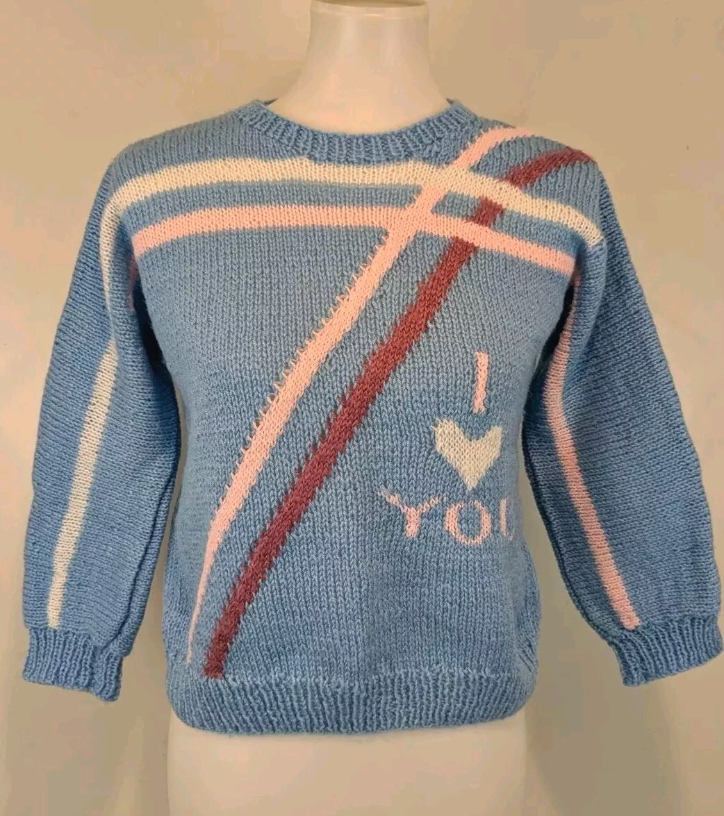 Vtg Handmade Wool Sweater I Love You OOAK Jrs Womens XS S Petite Blue Handknit