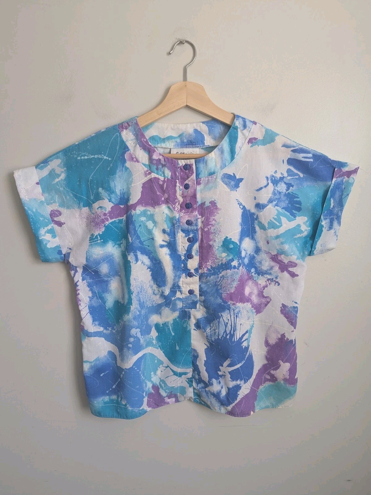 Vtg 90s Abstract Vaporwave Top Womens S M Teal Blue Pink Shirt Boxy Surfcore