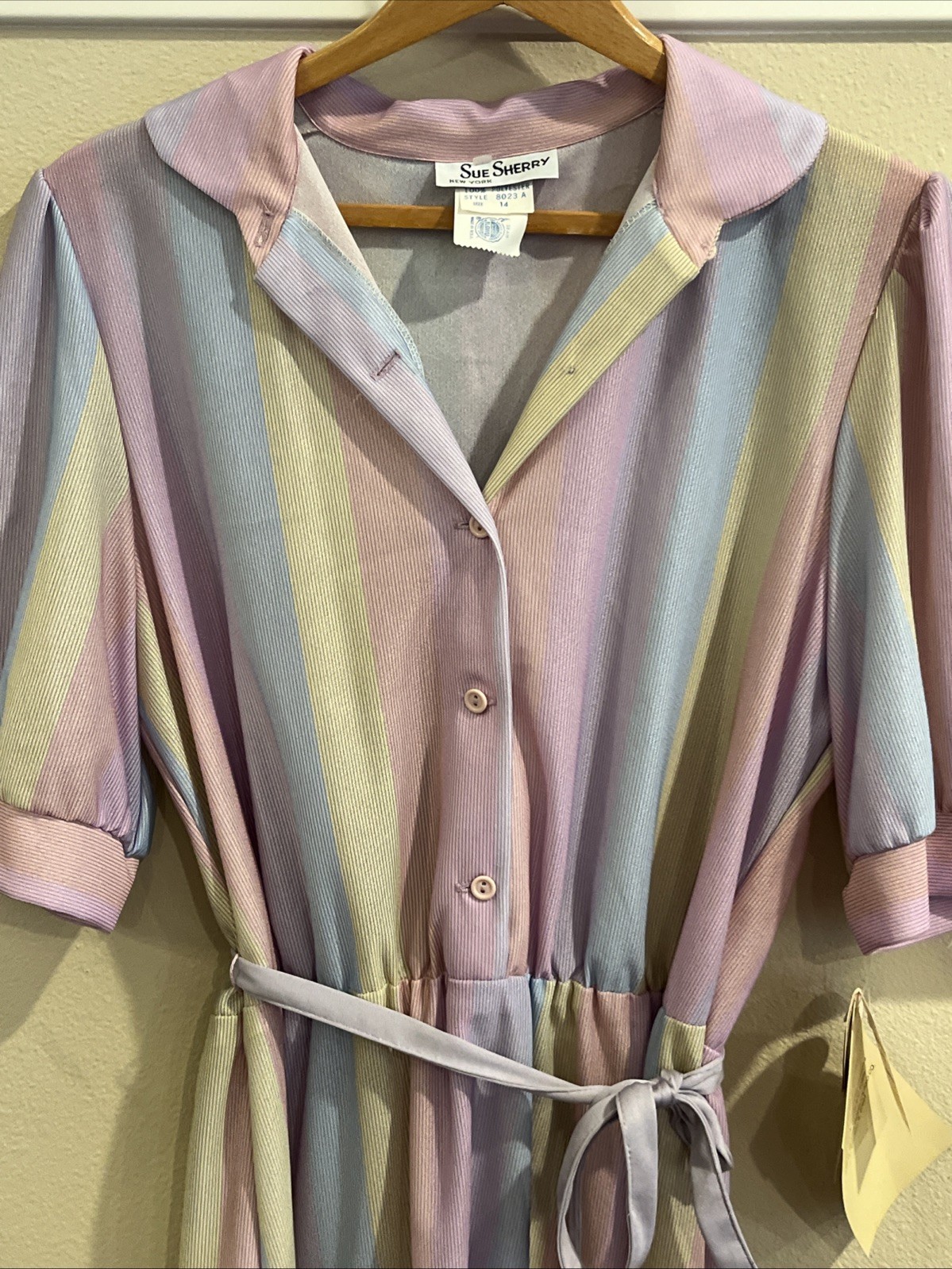 Vtg Pin Up Rockabilly Belted Pastel Stripe Dress Fit Flare Retro Med/L Swing USA