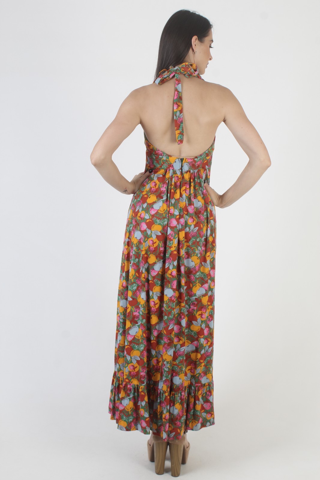 Vtg Climax by David Howard Halter Dress Prairie Hippie Floral Open Back Sundress