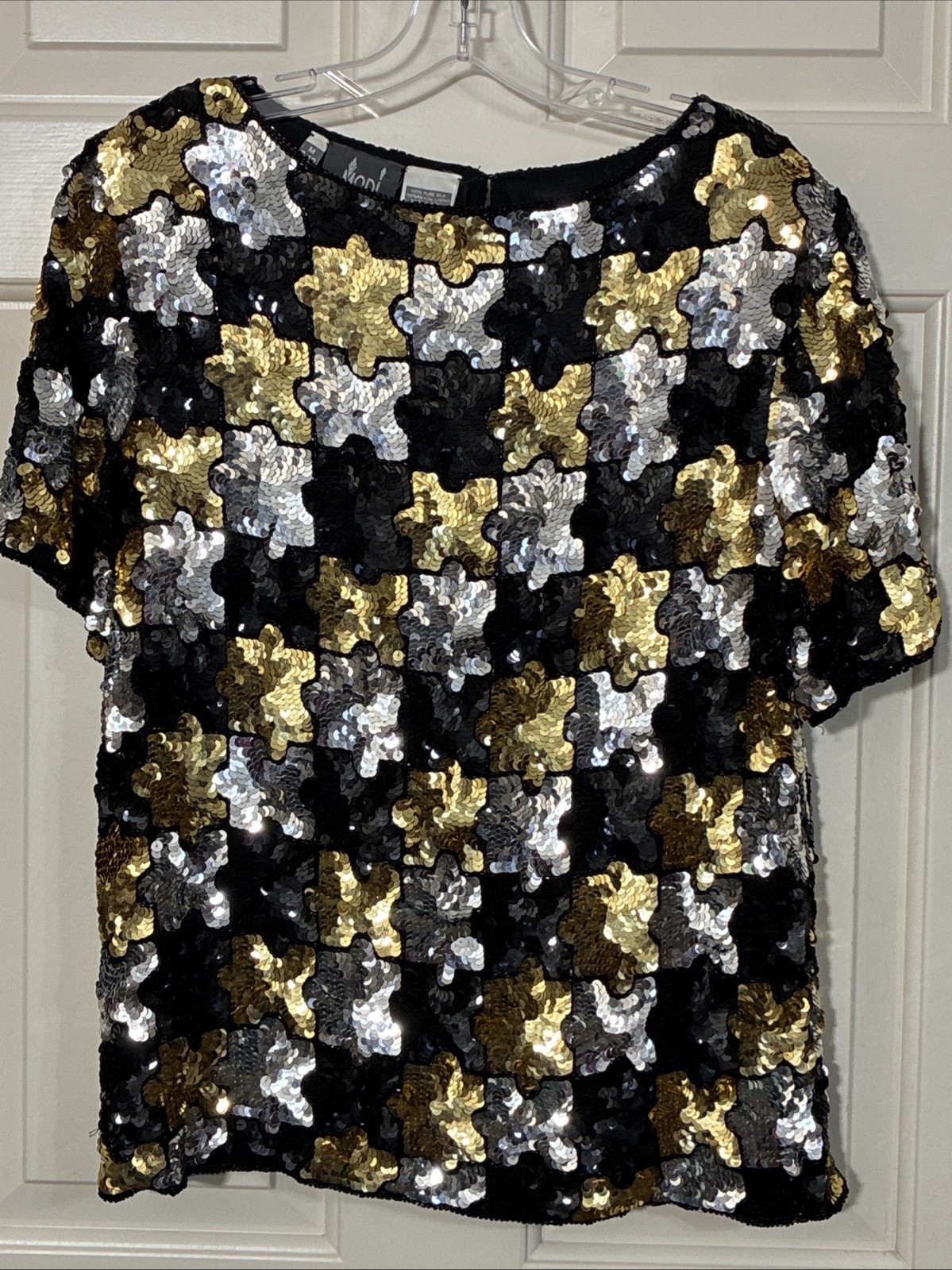 Vintage Modi Silver Gold Black Sequined Silk Evening Cocktail Top Women’s M