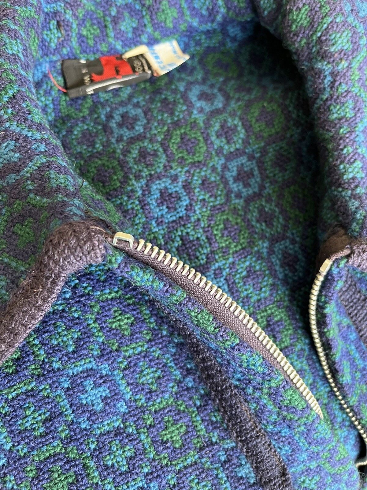 Welsh Woolens Cape Zippered Vest Blue/Green Jacquard Retro Vintage 1970’s Mod